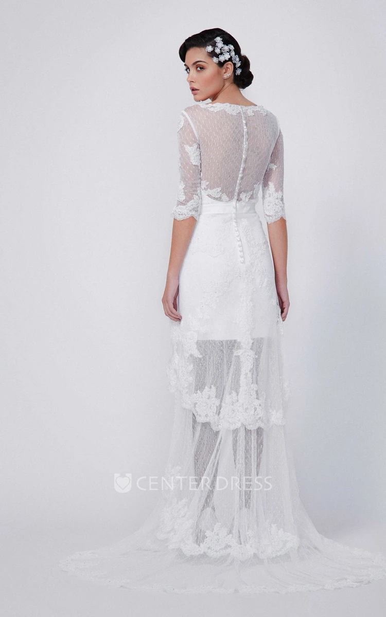 V-Neck Long Half Sleeve Lace Wedding Dress With Court Train And Illusion