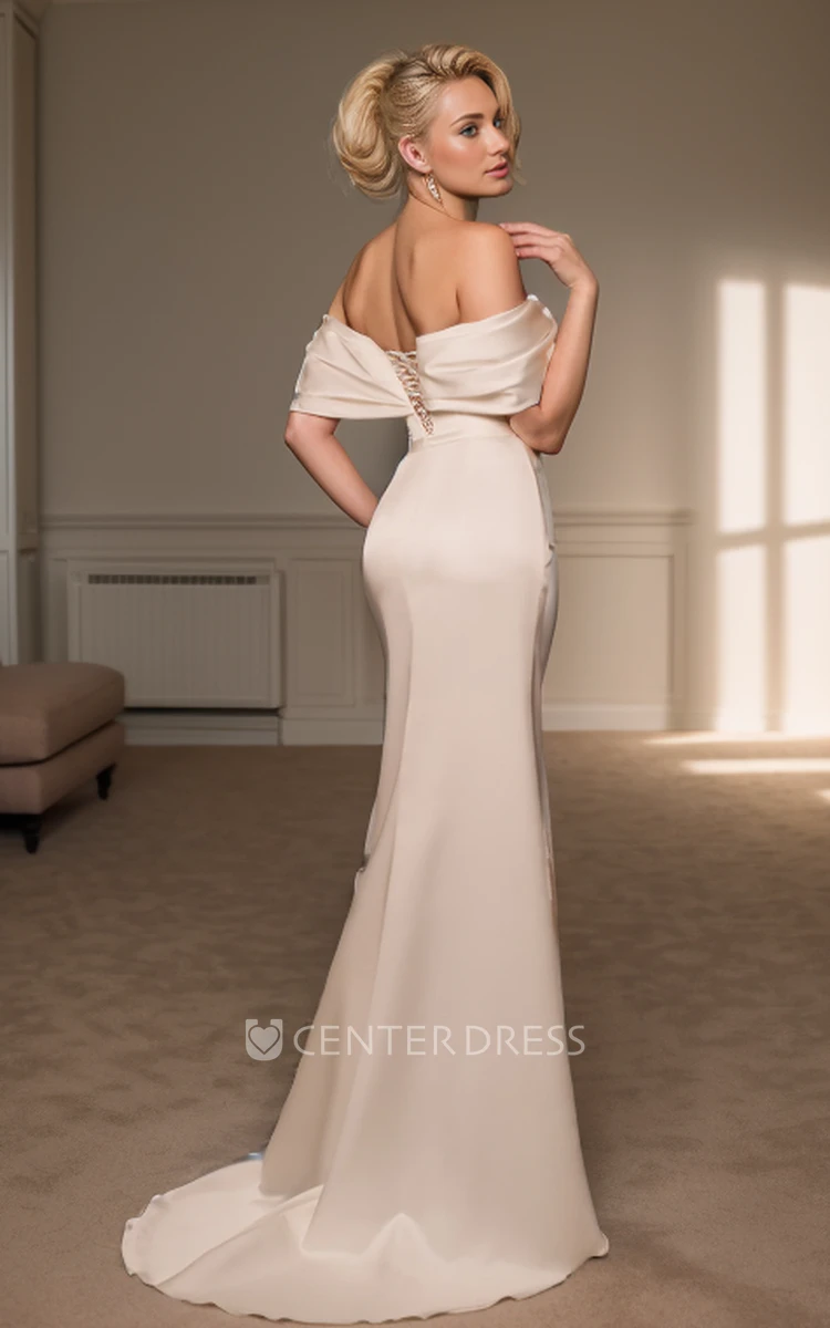 Floor-length Sleeveless Mermaid Off-the-shoulder Sexy Modern Solid Tall Women Backless Lace-up Back Vow Renewal Wedding Dress with Bow Split Front