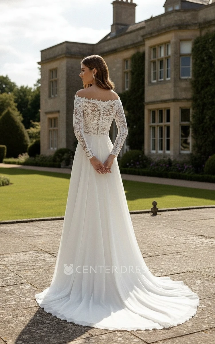 Vintage A-Line Boho Lace Spring Wedding Dress Modern Off-the-shoulder Beach Bridal Gown with Long Sleeve