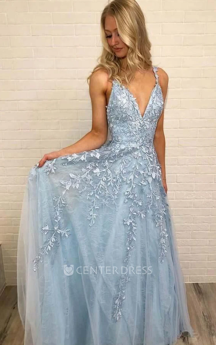 A Line Sleeveless Tulle Simple Prom Dress with Flowers and Pleats
