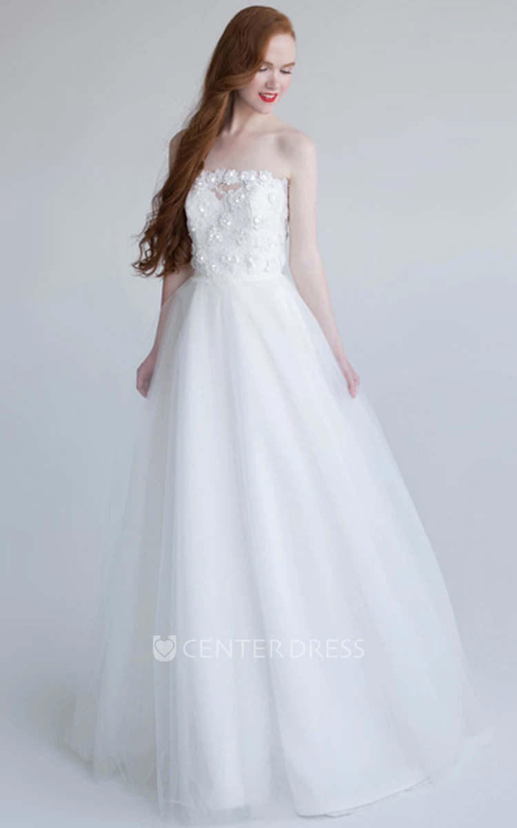 A-Line Strapless Sleeveless Maxi Floral Tulle Wedding Dress With Appliques