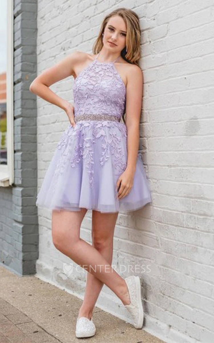 Lace Tulle Sleeveless A Line Halter Short Homecoming Dress With Appliques Beading