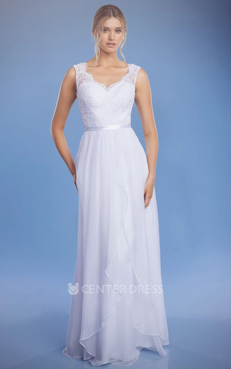 Sheath Long V-Neck Lace Sleeveless Wedding Dress With Draping And Low-V Back