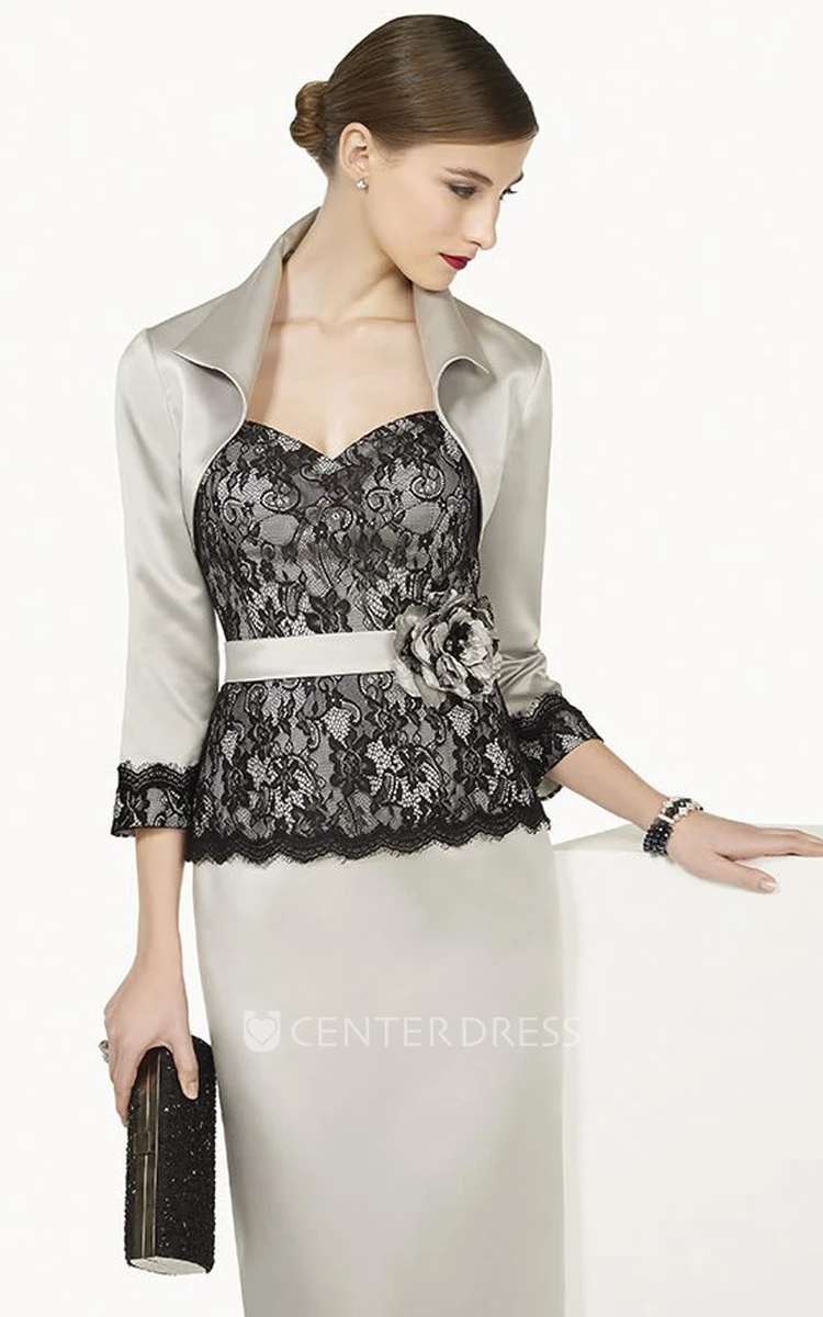 Lace Top Sheath Long Satin Prom Dress With Floral Sash And Removable Jacket