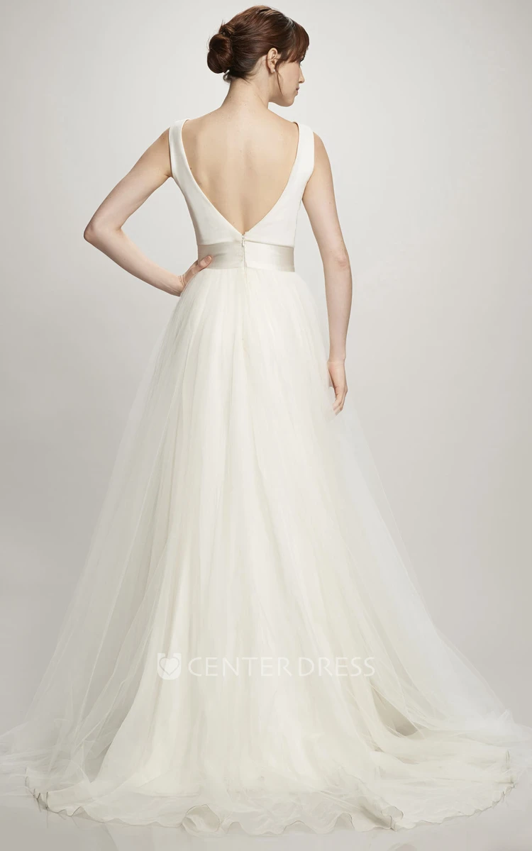 A-Line Long Scoop Sleeveless Satin&Tulle Wedding Dress With Low-V Back And Court Train