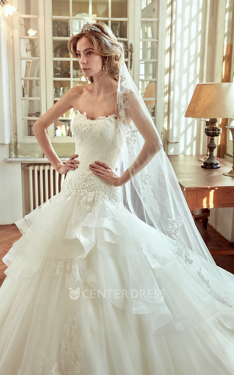 Strapless Long Wedding Dress with Lace Corset and Multi-Tiers Ruffles