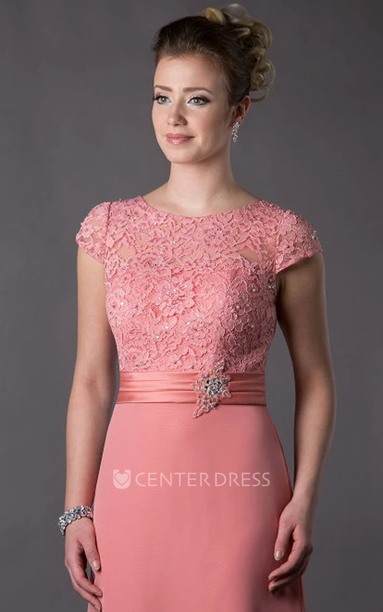 Lace Top Cap Sleeve Long Mother Of The Bride Dress With Crystal And Pearl Waist