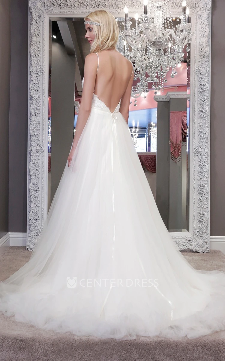 A-Line Spaghetti Lace Floor-Length Sleeveless Tulle Wedding Dress With Backless Style And Ruffles