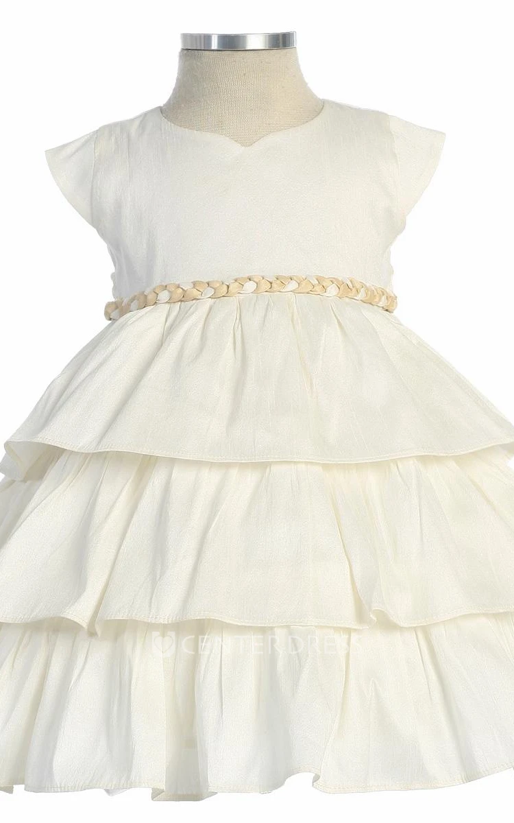 Tea-Length Cap-Sleeve Bowed Flower Girl Dress