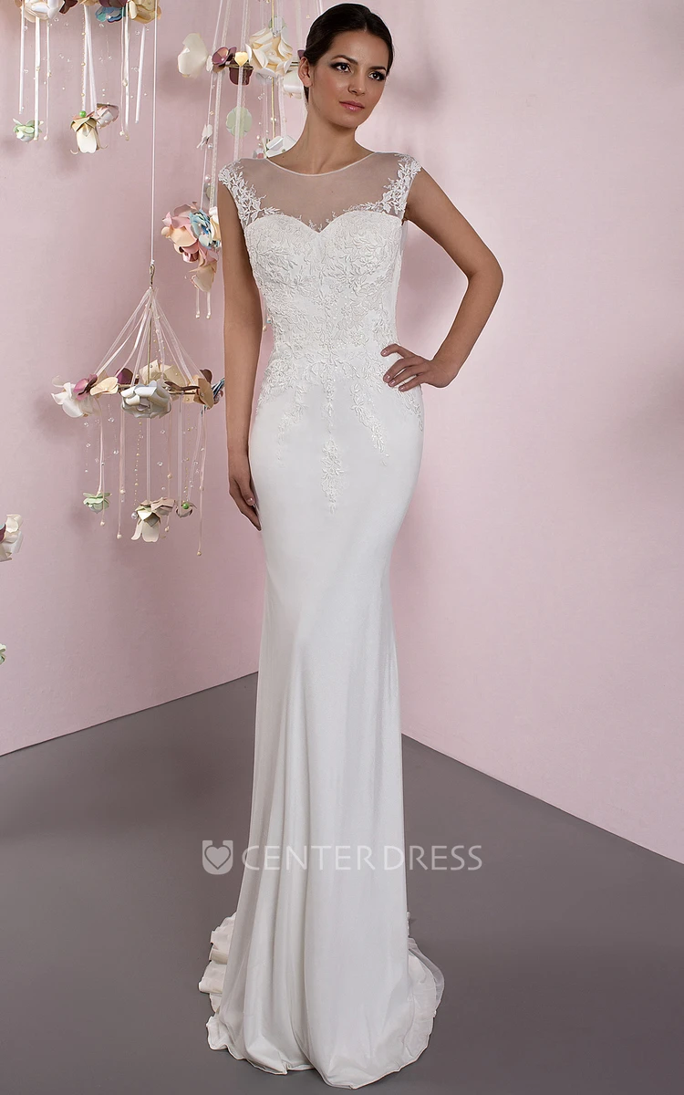 Pencil Scoop Cap-Sleeve Maxi Appliqued Jersey Wedding Dress With Low-V Back And Sweep Train