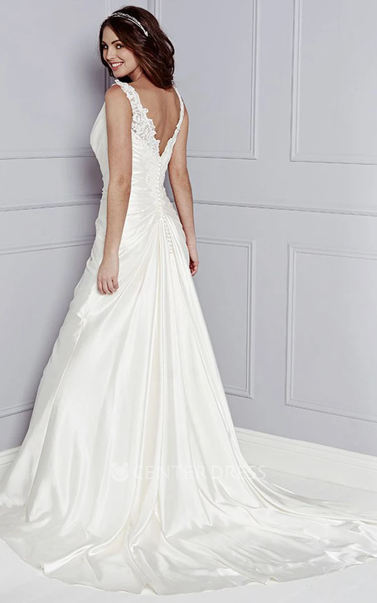 A-Line Sleeveless Floor-Length Ruched Stretched Satin Wedding Dress With Lace