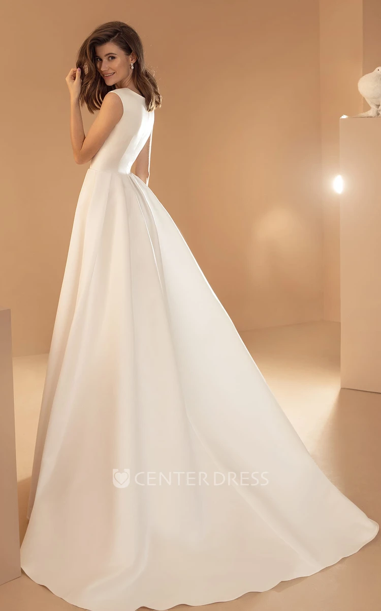 Modern Ball Gown V-neck Satin Sleeveless Wedding Dress with Zipper Back and Pockets