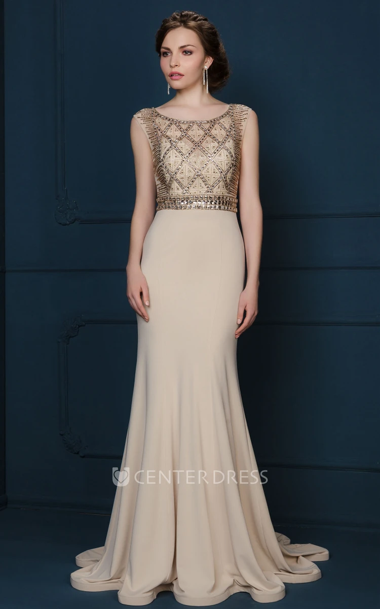 Sheath Sleeveless Scoop-Neck Floor-Length Crystal Jersey Evening Dress With Pleats