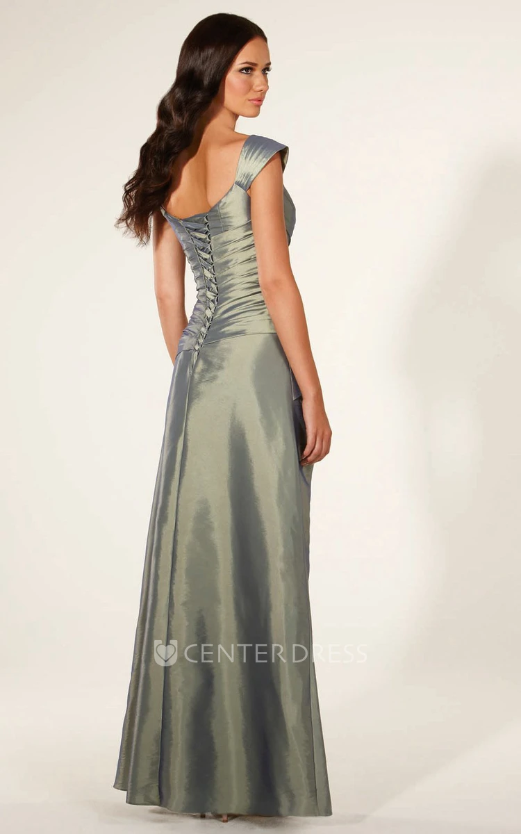 Ruched Cap-Sleeve Floor-Length Sweetheart Satin Bridesmaid Dress With Epaulet