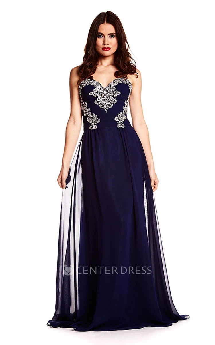 A-Line Sweetheart Sleeveless Maxi Beaded Chiffon Prom Dress With Lace-Up Back And Sweep Train