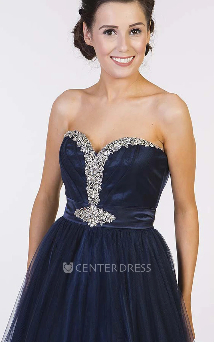 A-Line Beaded Sleeveless Sweetheart Tulle Prom Dress With Corset Back