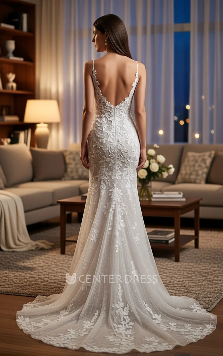 Mermaid Sleeveless Spaghetti Wedding Dress Boho Lace V-Neck Gown for Beach Weddings