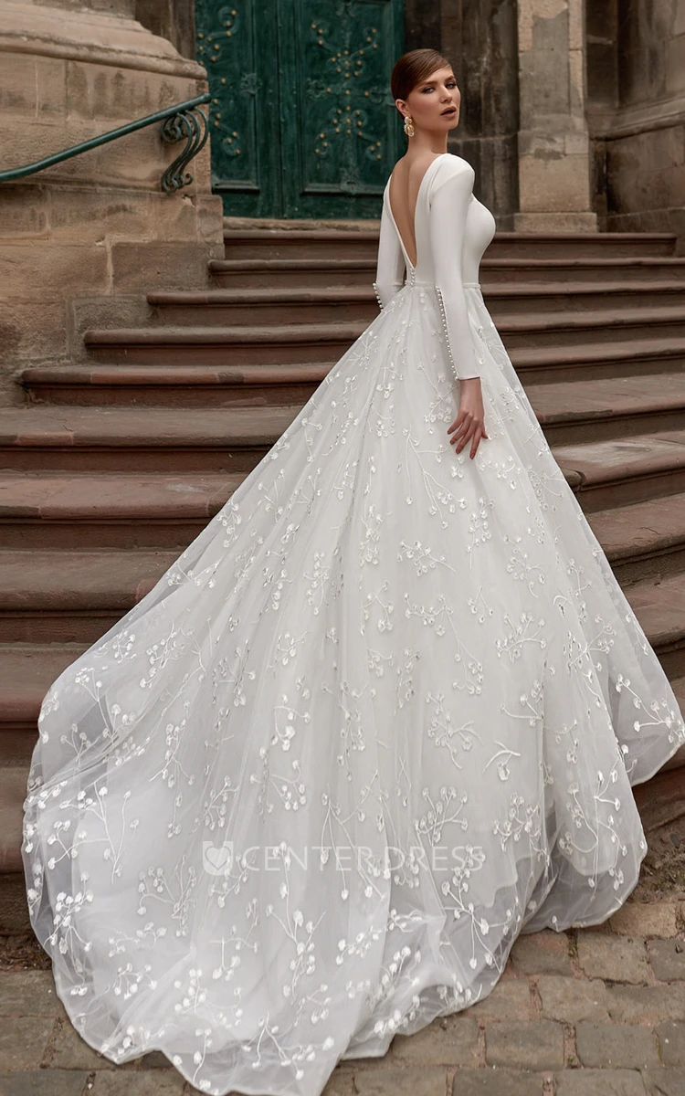 Simple Satin A Line Court Train Wedding Dress with Appliques and Beading
