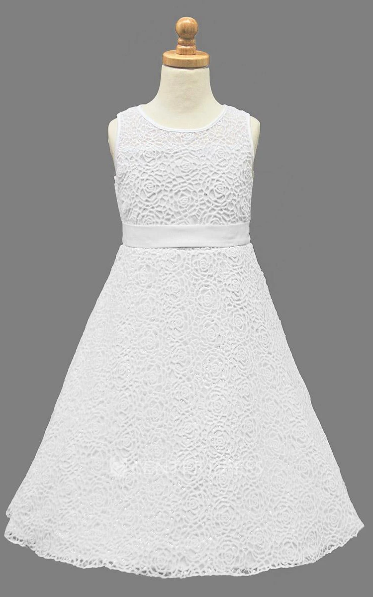 Embroideried Tea-Length Tiered Lace&Satin Flower Girl Dress