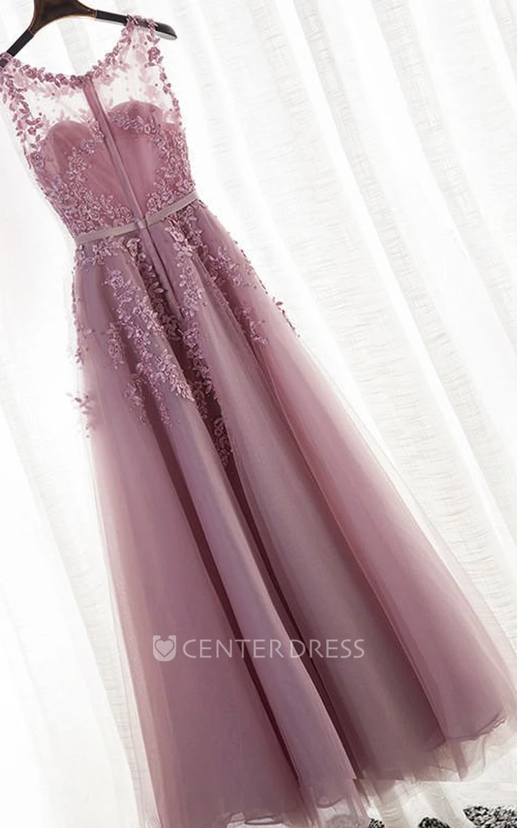 Bateau Sleeveless Ethereal Floor-length Tulle Dress With Floral Appliques And Beading