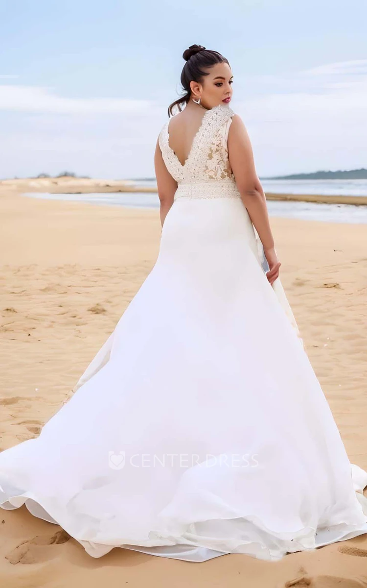 2024 Plus Size A-Line Lace Wedding Dress Chiffon Bohemian Country Garden