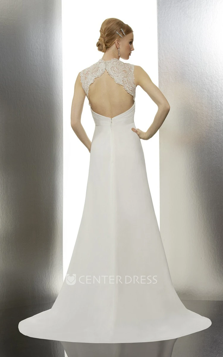 A-Line Sleeveless Lace Long Wedding Dress With Ruching And Draping