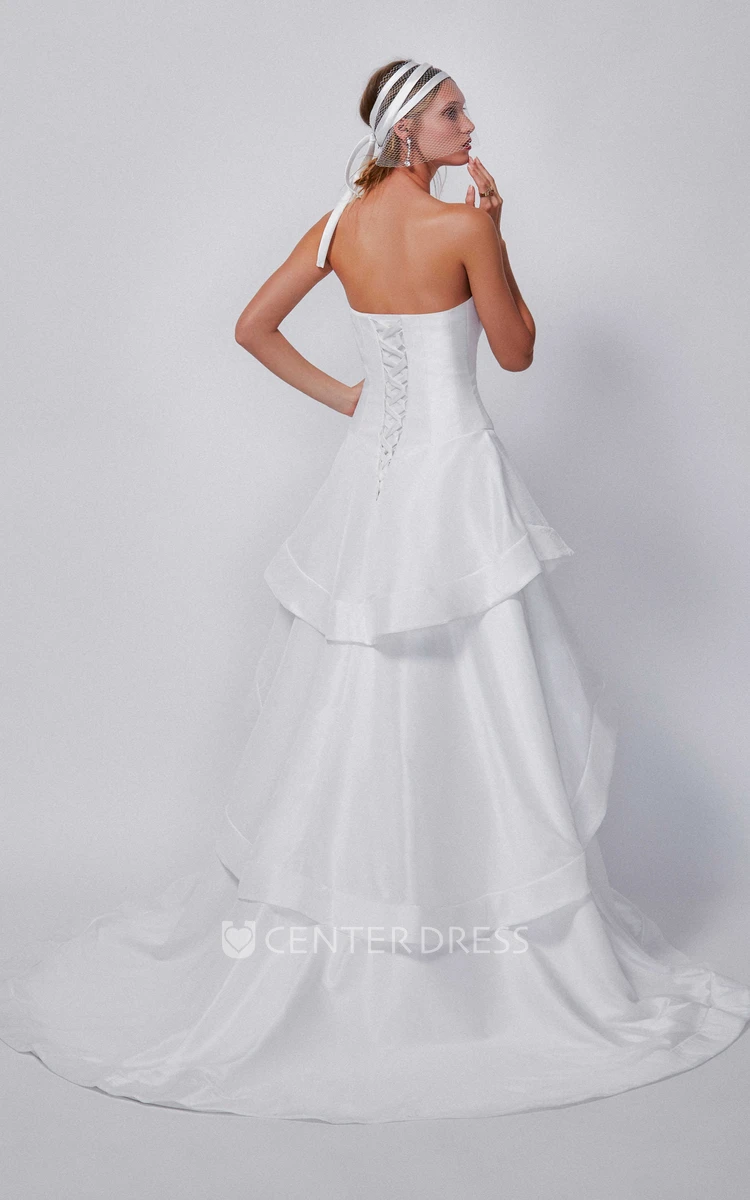 A-Line Floor-Length Strapless Sleeveless Tiered Satin Wedding Dress