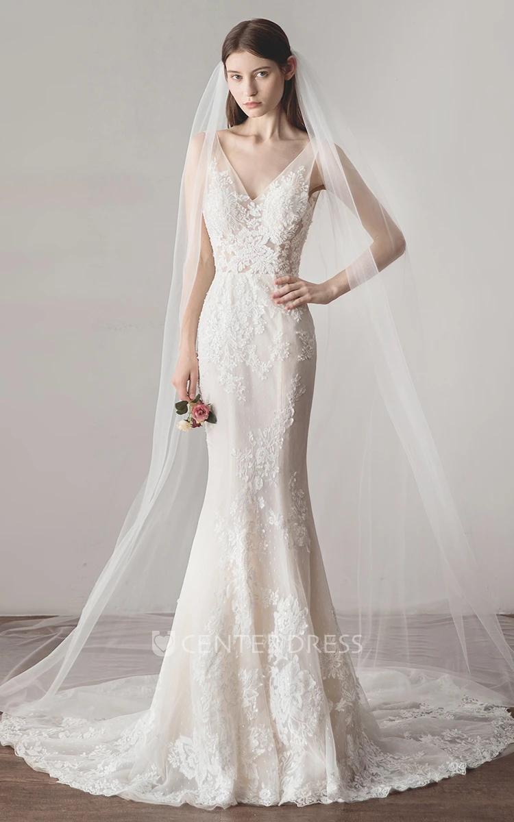 Deep V-back V-neck Lace Sleeveless Simple Mermaid Wedding Dress With Illusion Top