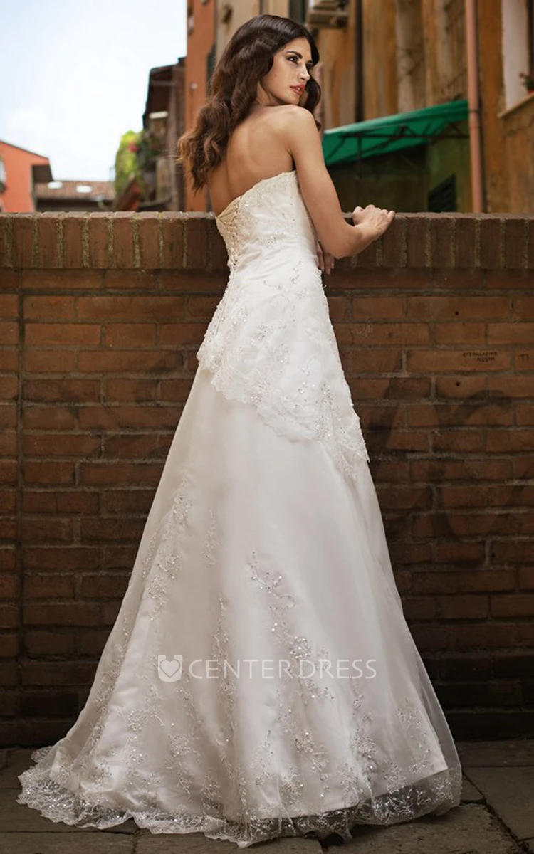 A-Line Maxi Beaded Strapless Sleeveless Satin Wedding Dress With Side Draping