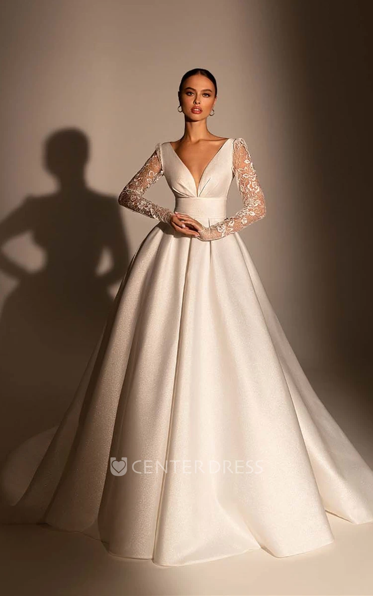 Romantic Ball Gown Satin Wedding Gown with Ruching and Sash