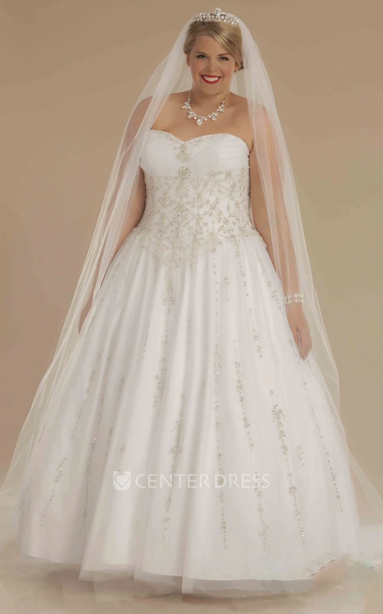 Ball Gown Sweetheart Ruched Tulle Plus Size Wedding Dress With Beading