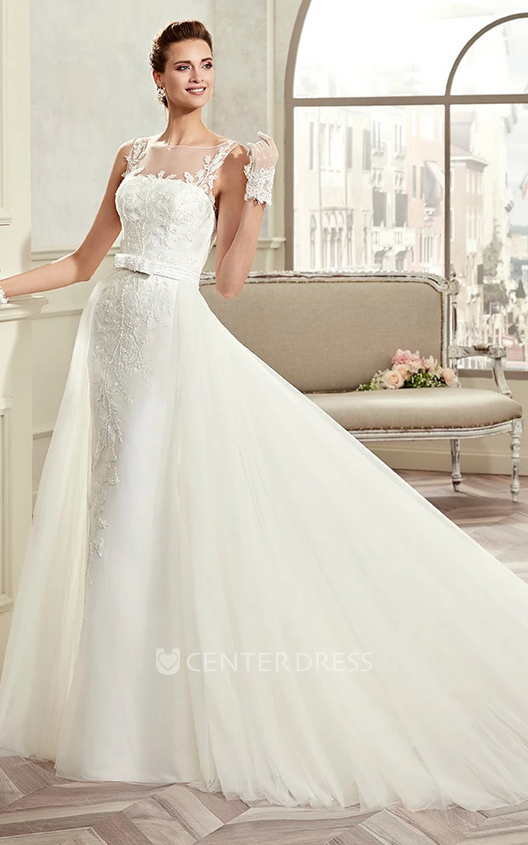 Cap Sleeve A-Line Lace Gown With Illusive Design And Brush Train