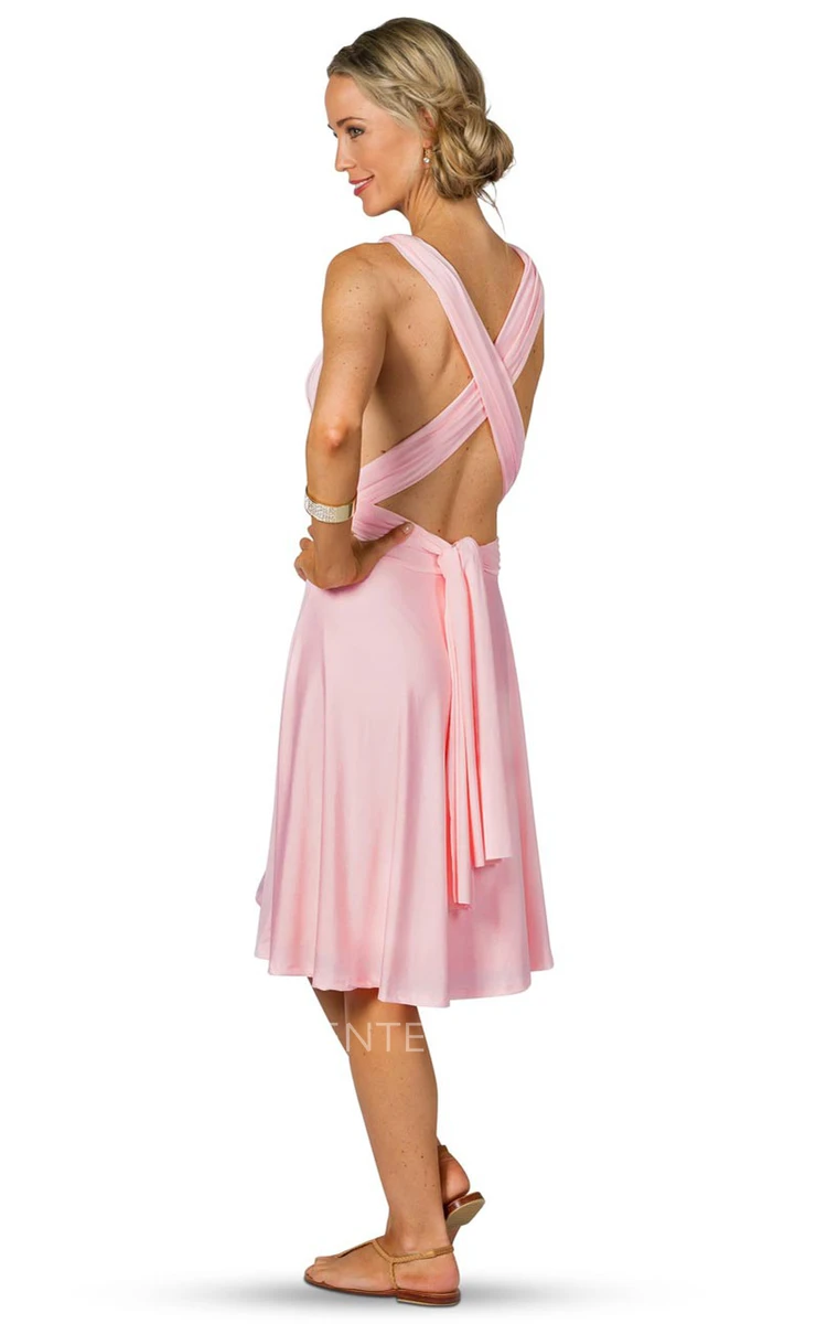Sleeveless Knee-Length One-Shoulder Chiffon Convertible Bridesmaid Dress With Straps
