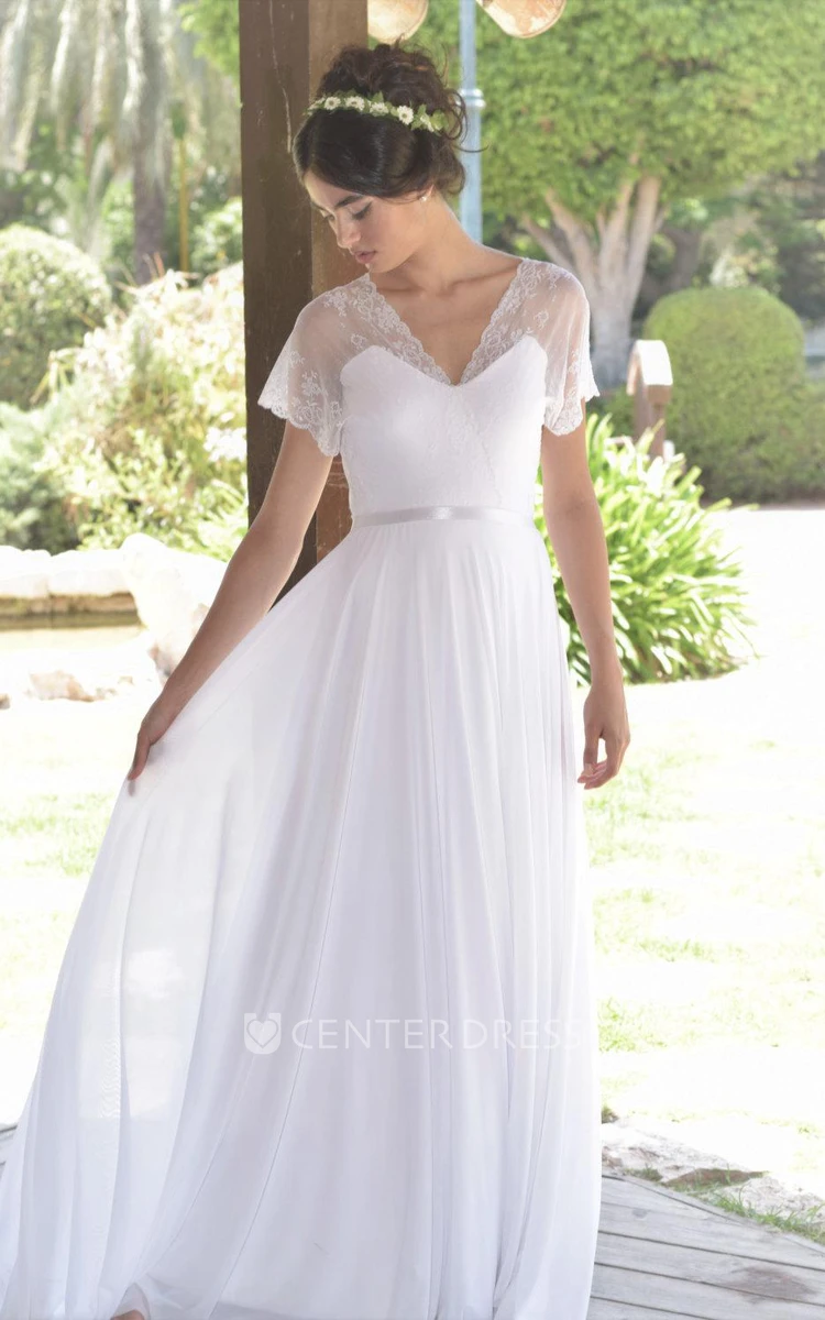 Short Sleeve Lace Chiffon Pleated Wedding Dress With Deep-V Back
