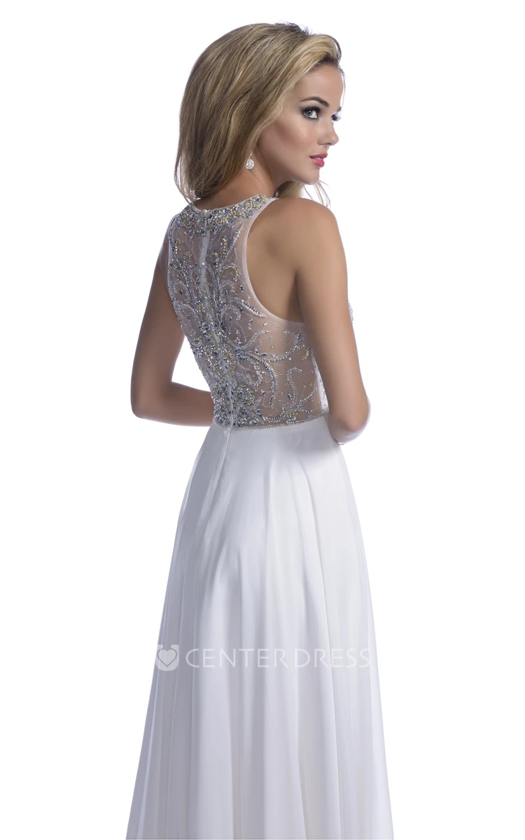 Chiffon Sleeveless A-Line Prom Dress Featuring Rhinestone Bodice And Illusion Back