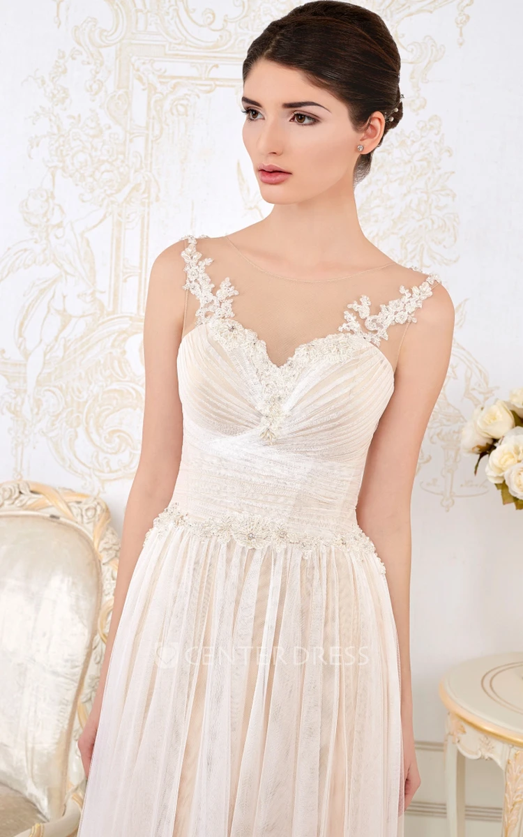 A-Line Ruched V-Neck Sleeveless Long Tulle Wedding Dress With Appliques And Pleats