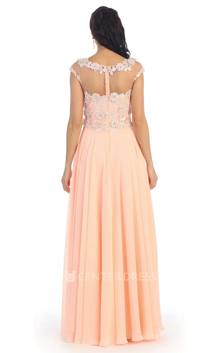 A-Line Long Scoop-Neck Cap-Sleeve Chiffon Illusion Dress With Appliques And Pleats