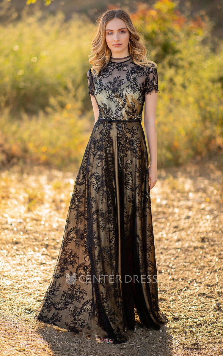 Ethereal A Line Jewel Neckline Lace Evening Gown