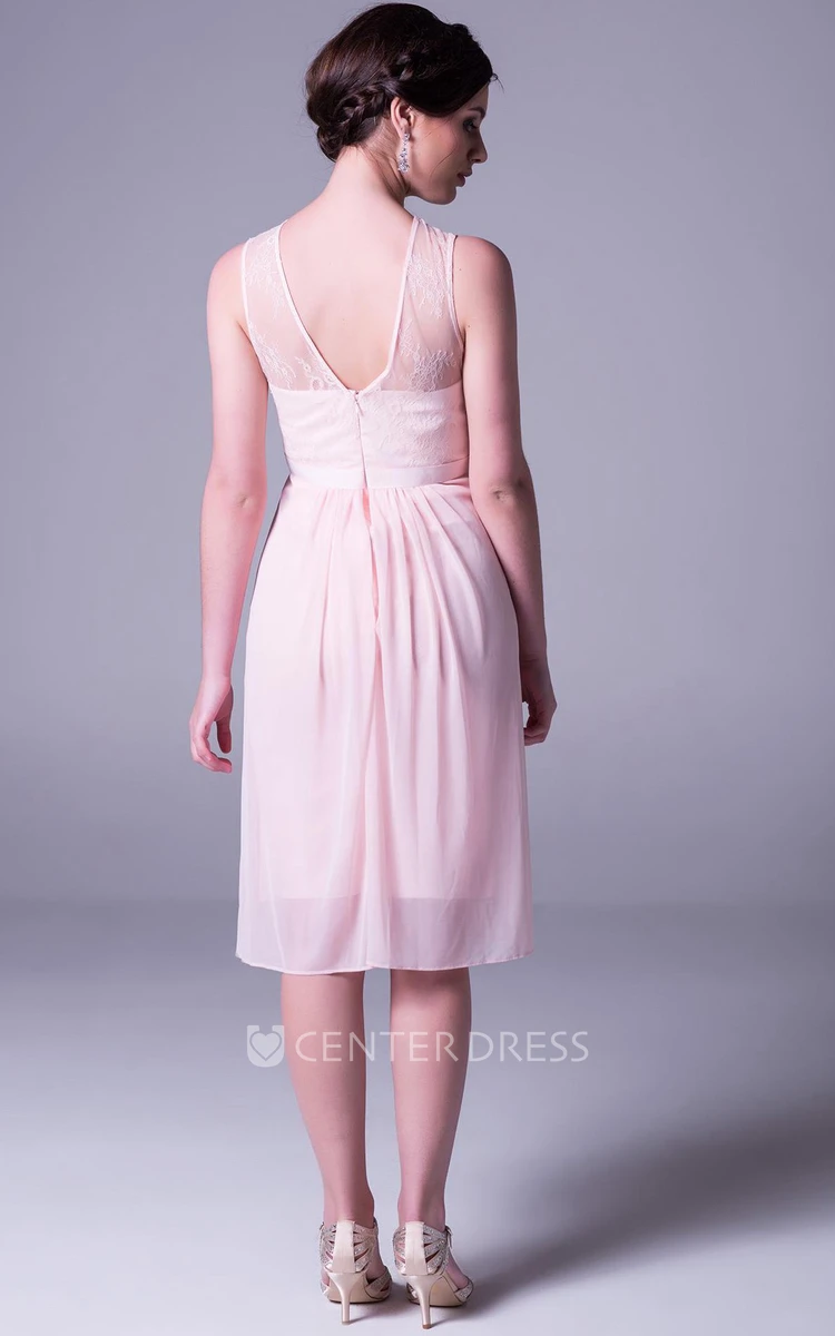 Jewel-Neck Knee-Length Sleeveless Empire Lace Chiffon Prom Dress