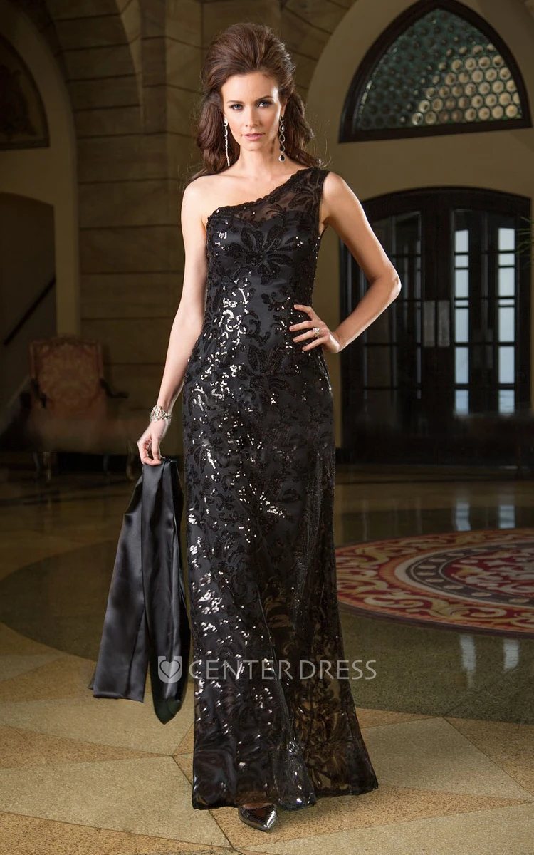 One-Shoulder Long Gown With Allover Sequins And Illusion Back
