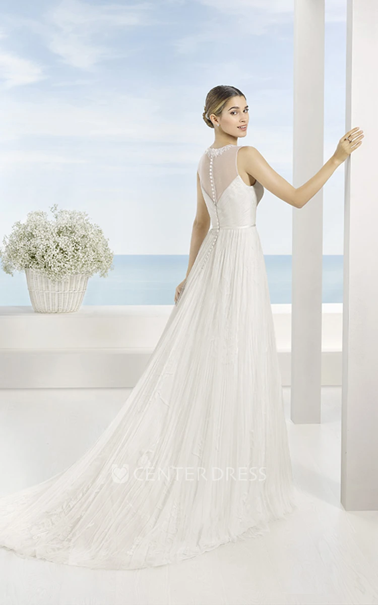 A-Line Floor-Length Scoop Beaded Sleeveless Tulle Wedding Dress With Pleats And Illusion Back