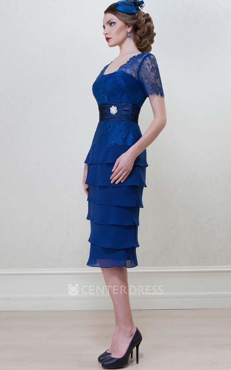 Knee-Length Short Sleeve Square Neck Tiered Chiffon Mother Of The Bride Dress