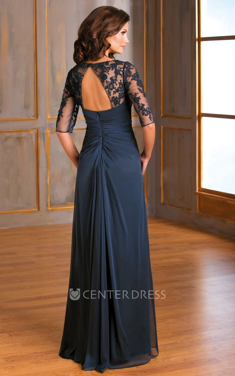 Half-Sleeved A-Line Long Mother Of The Bride MOB Dress With Keyhole Back And Appliques