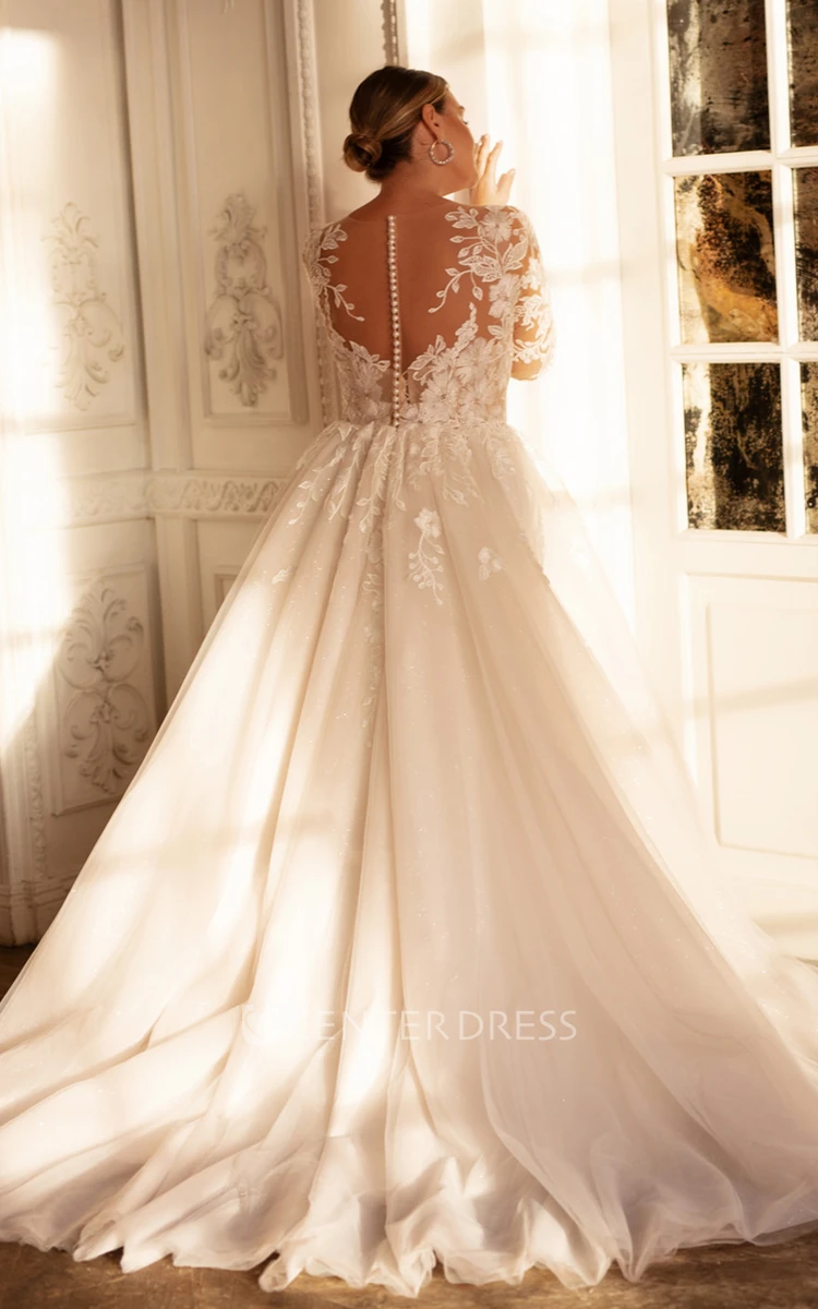 Elegant Ball Gown Lace Bateau Sweep Train Wedding Dress with Appliques