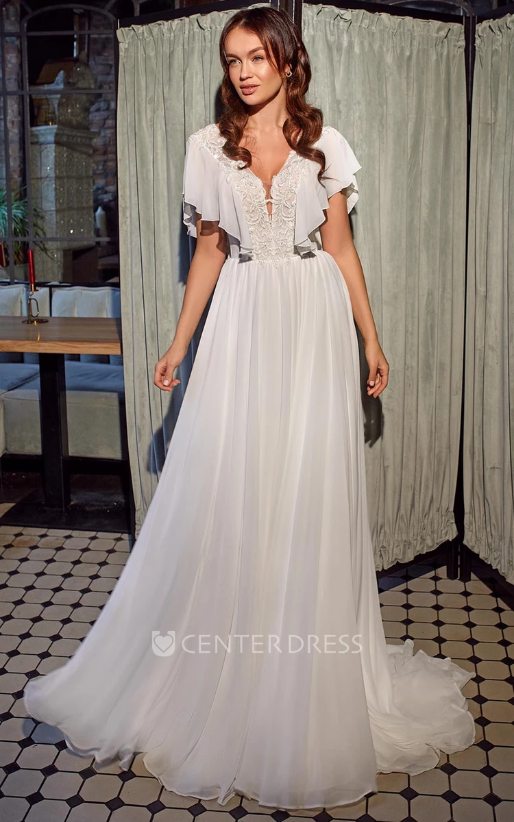 Elegant A-Line Chiffon Plunging Neck Sweep Train Short Sleeve Wedding Dress