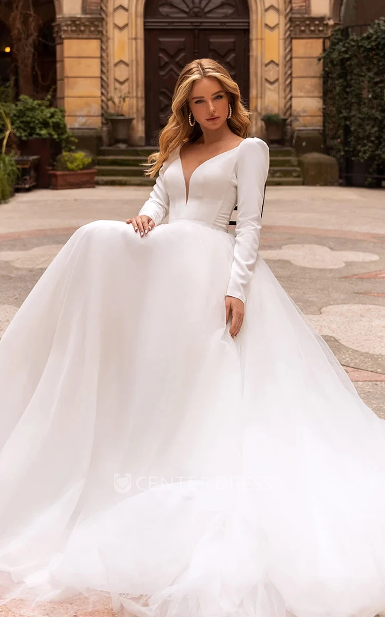 Simple V-neck Ball Gown Satin Chapel Train Wedding Dress with Ruching