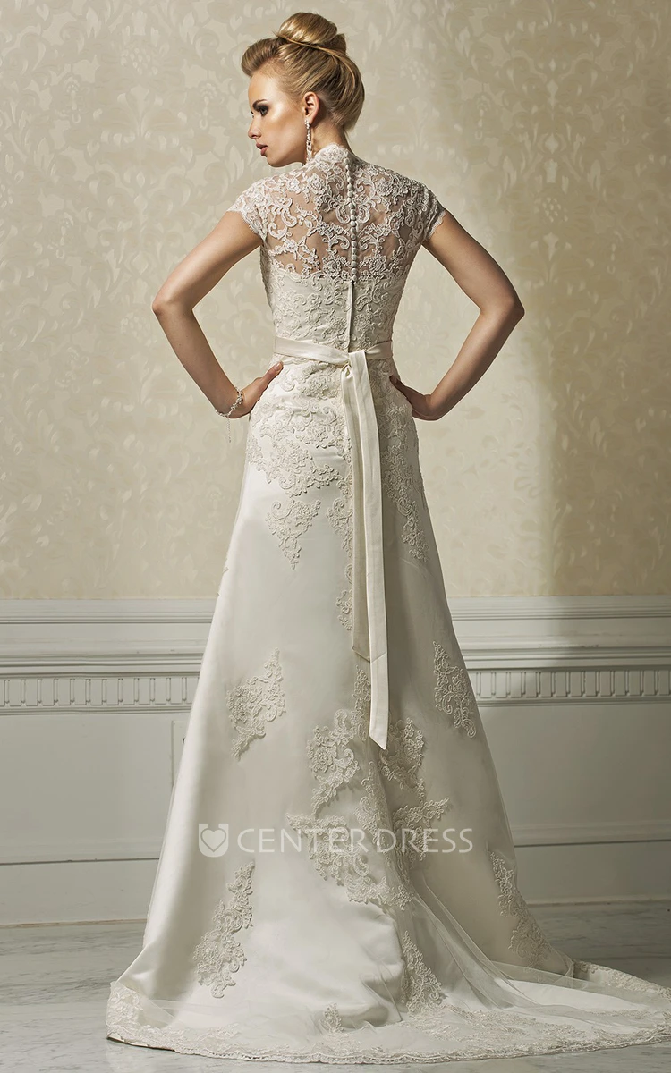 A-Line Floor-Length Cap-Sleeve Appliqued Lace Wedding Dress With Ribbon