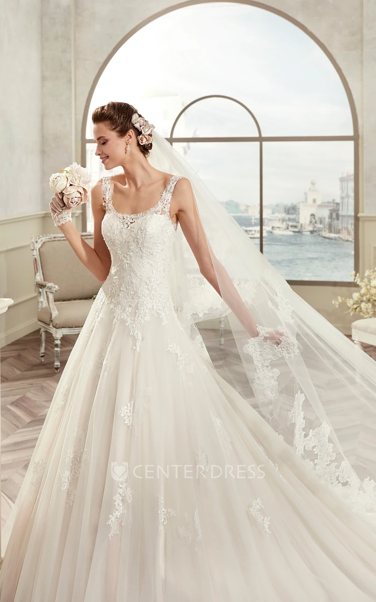 Square-Neck A-Line Lace Bridal Gown With Appliques Straps And Illusive Back