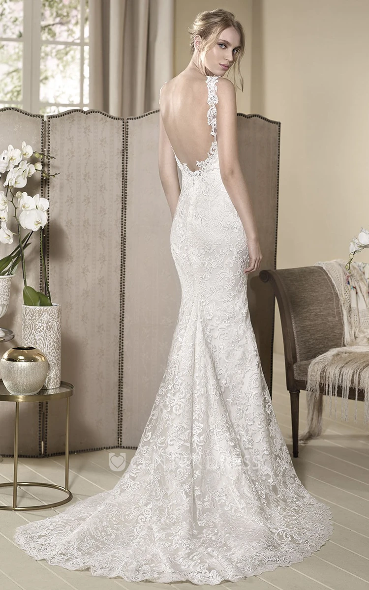 Sheath Sleeveless Appliqued Floor-Length Strapped Lace Wedding Dress With Beading