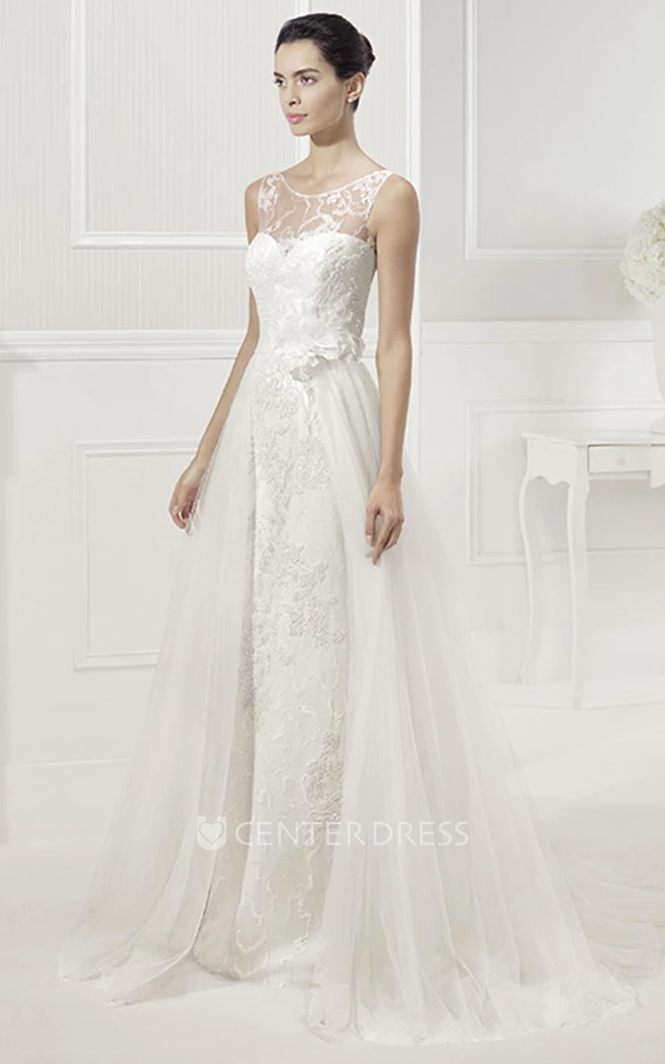 Jewel Neckline A-Line Tulle Bridal Gown With Lace And V Back